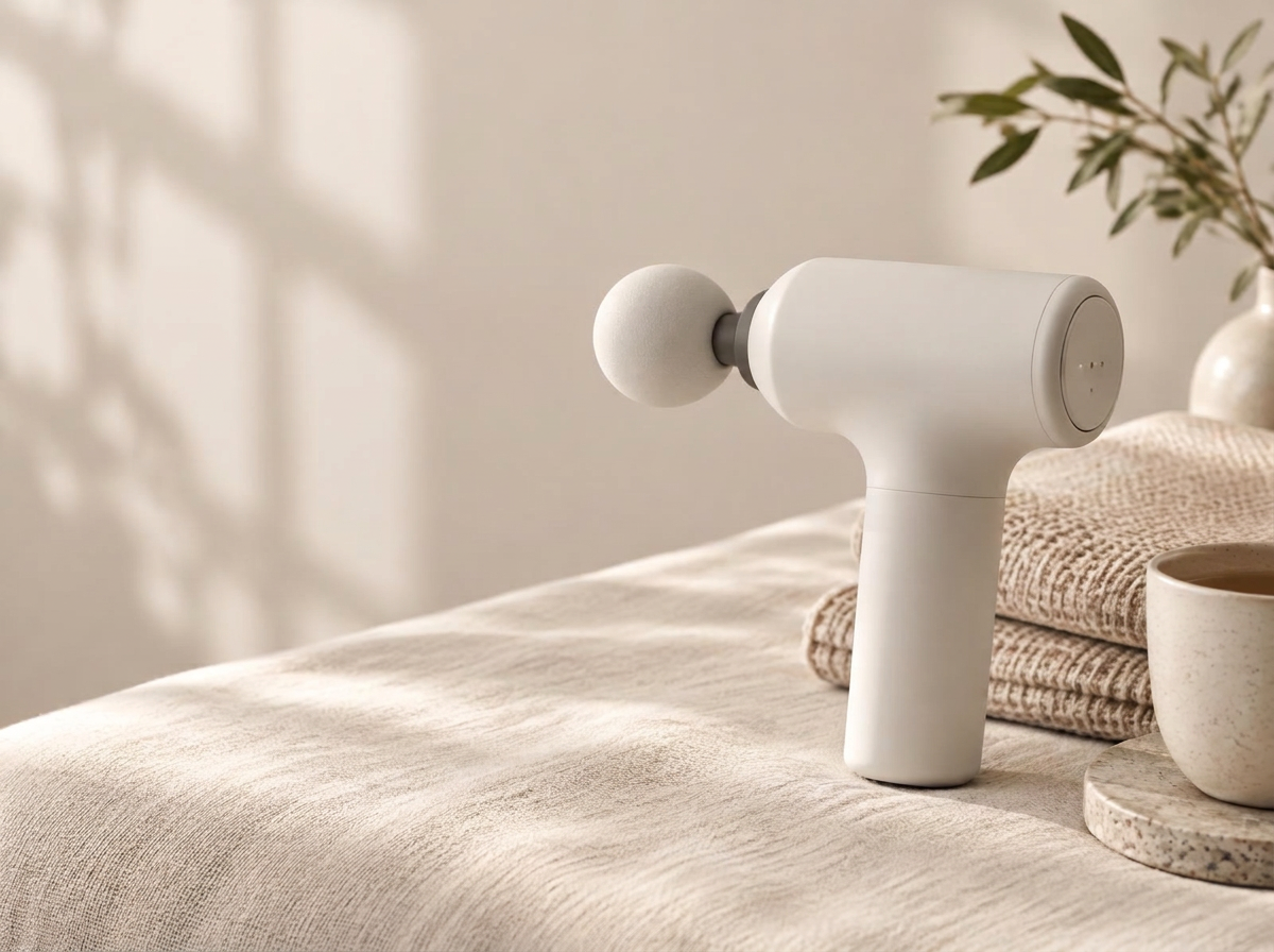 White Stillwell percussion massager on cream linen