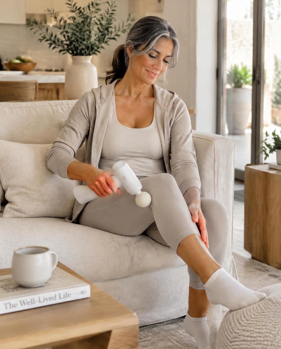 Woman relaxing at home using the massager after a walk